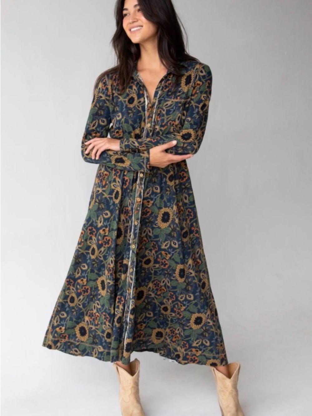 NATURAL LIFE Button-Front Cotton Floral Maxi Dress in Green/Blue Sunflower - Picture 1 of 5